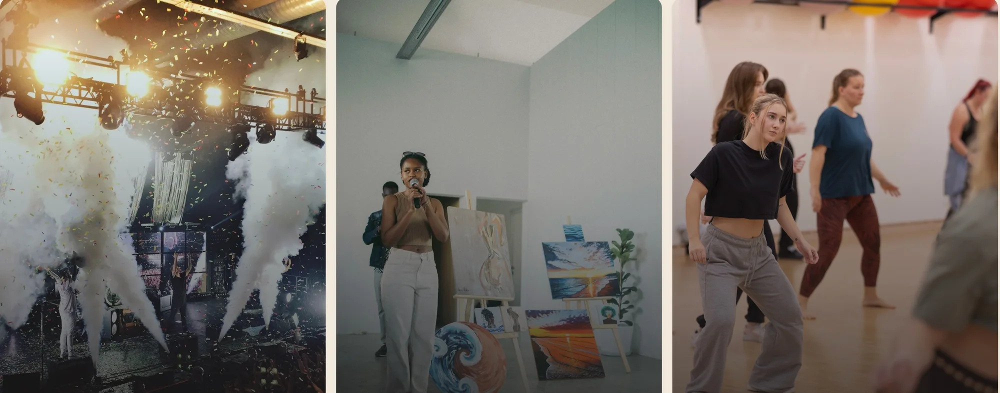 Three photo cards: a live music stage, an art installation and a dance class