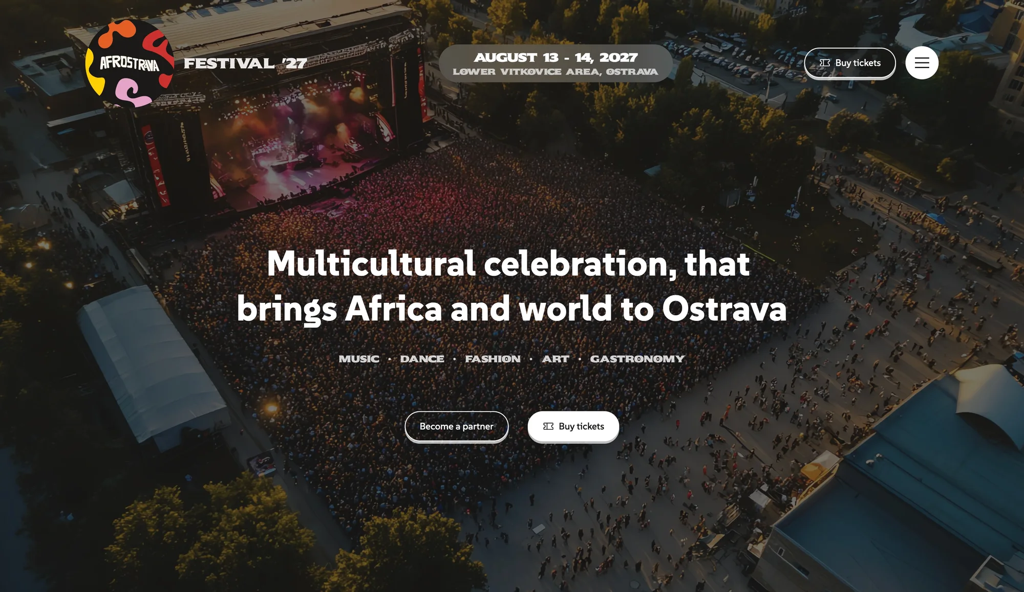 afrostrava.cz hero: aerial view of the festival stage and crowd