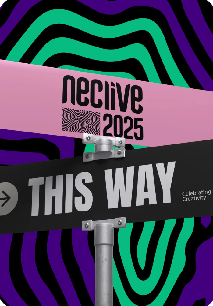 NECLive 2025 key art: a This Way street sign over the fingerprint pattern