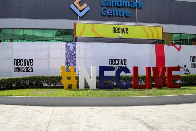 NECLive letters at the Landmark Centre entrance