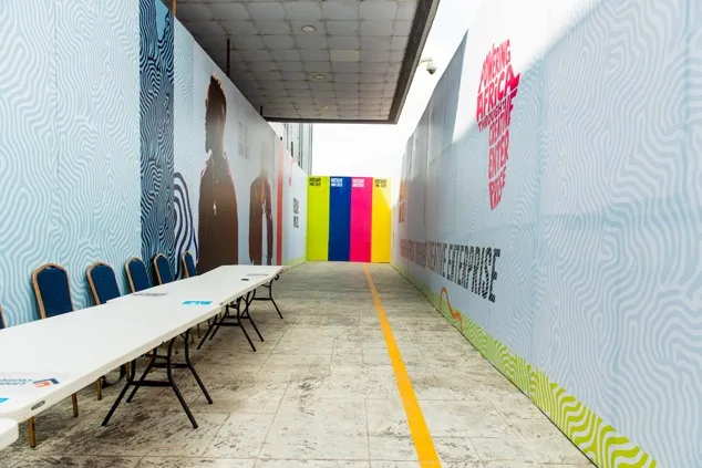 Corridor with colour-block wall